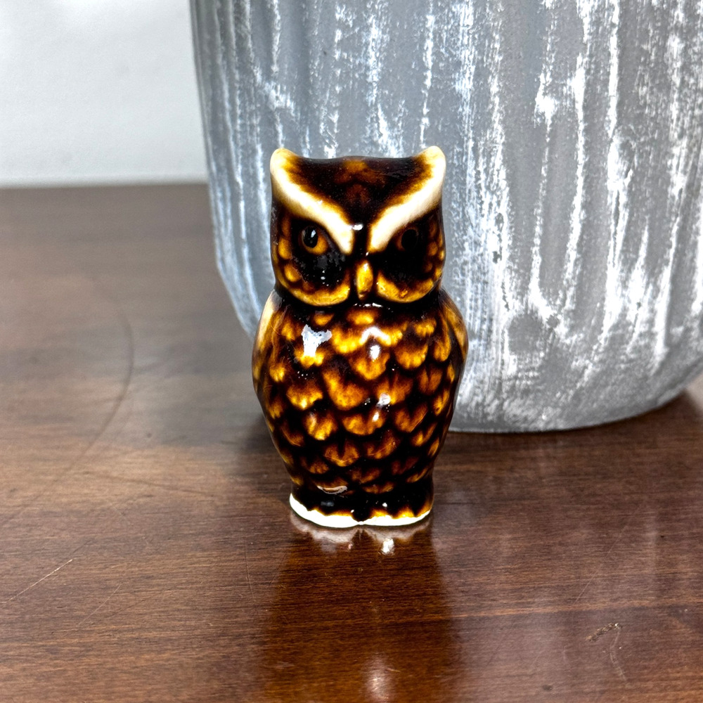 Vintage Mini Owl Figurine Brown Ceramic Collectible 2" Tall Decor Miniature